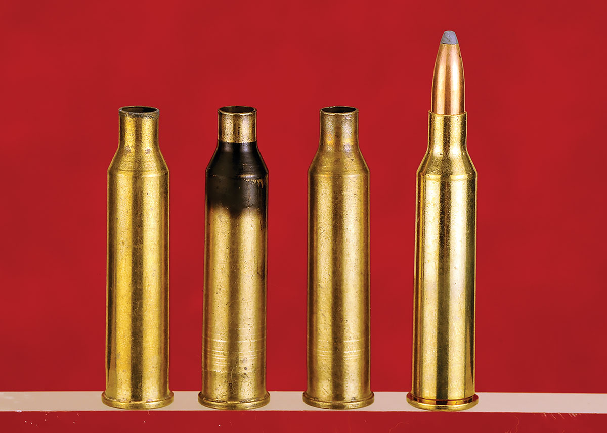 In reloading the 225 Winchester, shown from left to right is the once-fired case, neck-sizing only, case ready for loading and the loaded round.